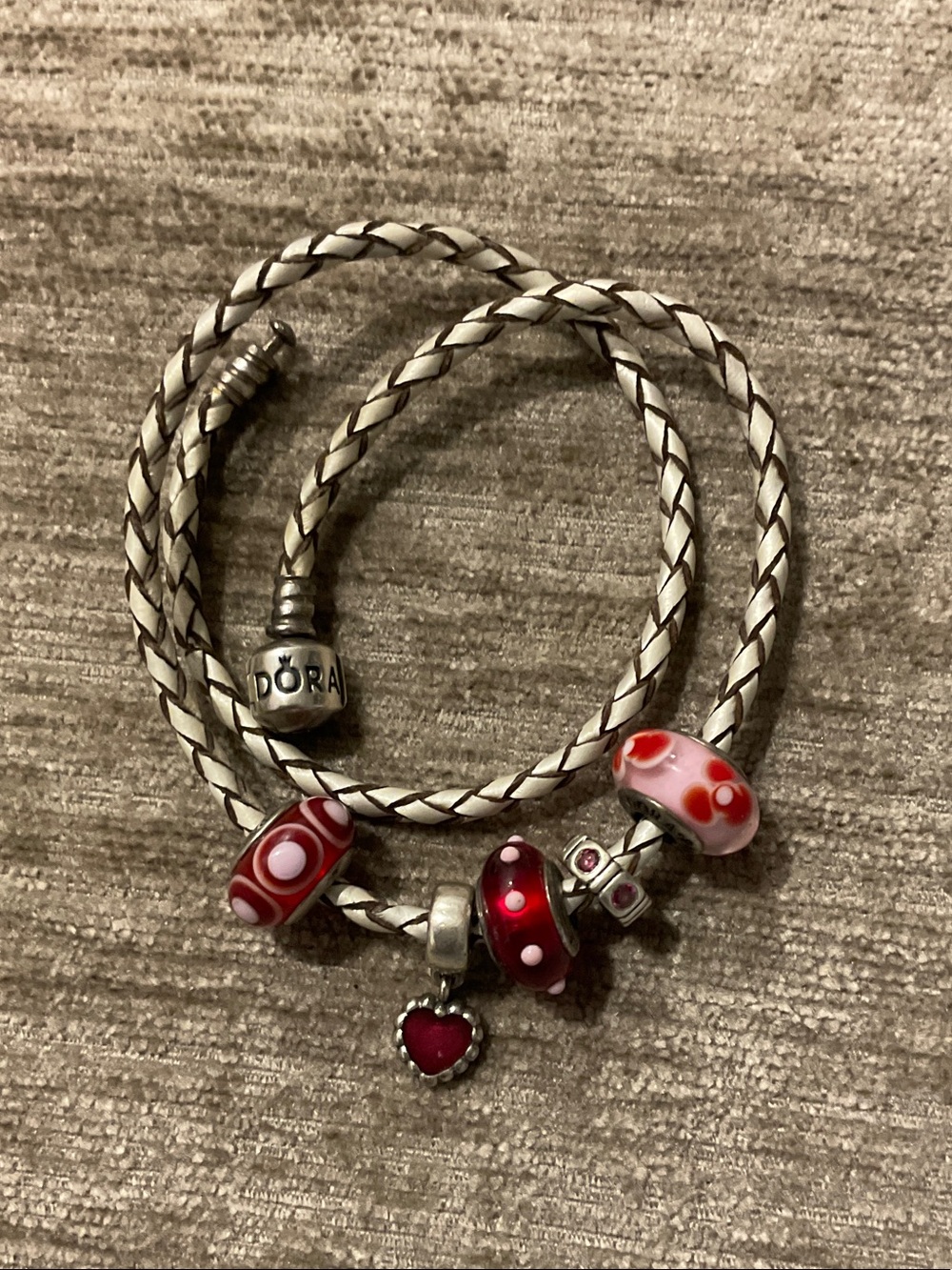 Pandora Red and Pink Charm Braided Leather Bracelet